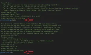 Configuration PHP pour afficher tous les rapports d'erreurs. `error_reporting=E_ALL` est utile en développement.