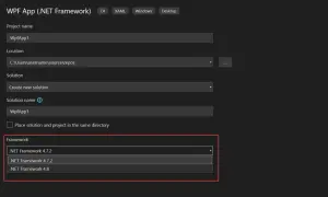 Fenêtre de configuration de projet WPF. Choix entre différentes versions de .NET Framework pour votre application C#.