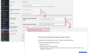 Configuration des adresses URL dans WordPress. Le site "workbookdivi.local" n'est pas accessible.