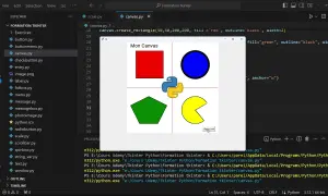 Un carré rouge, un cercle bleu, un pentagone vert et une forme jaune sur un canevas. Le code Python utilise la librairie tkinter pour créer ces formes avec différentes couleur.