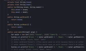 Code Java montrant une classe `Car` avec des propriétés immuables `brand` et `model`. L'instanciation et l'utilisation de `getter` sont illustrées.