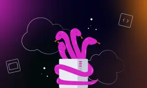 Hydre rose enroulée autour d'un objet blanc, symbolisant peut-être un nombre pair en Python. Des icônes de code et de nuages flottent.