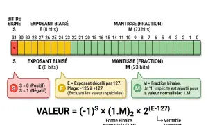 Représentation d'un nombre flottant double précision (double Java) : bit de signe, exposant biaisé et mantisse.
