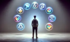 Un développeur face à un arc lumineux d'icônes représentant tous les langages de programmation.