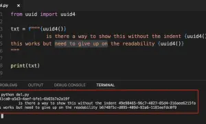 Code Python affichant un UUID généré. Le commentaire python plusieurs lignes explore l'indentation et la lisibilité.