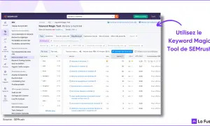 Le Keyword Magic Tool de SEMrush analyse les mots-clés pour "librairie à Montréal", révélant des opportunités de trafic.