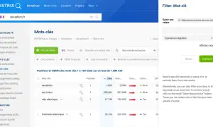 Interface de filtrage de mots-clés avec champ pour expression régulière, utile pour rechercher des numéros de téléphone via regex.