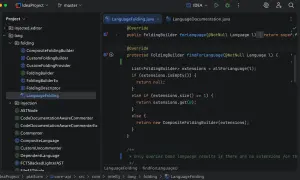 Un développeur travaille sur une idée Java, explorant la classe `LanguageFolding` dans un IDE.
