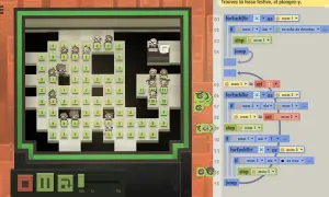 Des personnages s'activent dans un labyrinthe, guidés par des blocs de **jeux de codage** pour trouver un trésor.