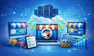 Sécurisation des transactions e-commerce avec un système de login php, représenté par des boutiques en ligne, un cadenas et des serveurs.