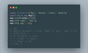 Exemple de code JavaScript montrant l'utilisation d'un `hashmap` (Map) pour stocker des données, associant un tableau à `true`, un nom à 'Ray' et un âge à 21.