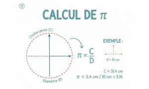 Calcul de π : le rapport entre la circonférence (C) et le diamètre (D) d'un cercle. Exemple : C ≈ 31.4 cm pour D = 10 cm, donc π ≈ 3.14.