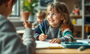 Une petite fille souriante fait son exercice c. Elle écrit avec un stylo vert, concentrée sur sa tâche.