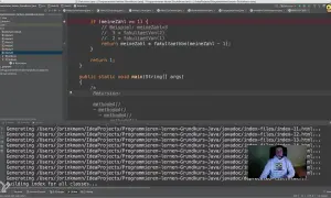 Un développeur écrit du code Java dans un IDE, le fichier "Rekursion.java" est ouvert, montrant une fonction récursive pour calculer une factorielle.