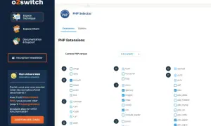 Interface de gestion o2switch pour sélectionner les extensions PHP. Permet de gérer les options pour récupérer l'URL.