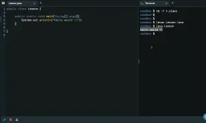 Code Java affichant "hello world !!" dans le terminal. La conversion de java int to string n'est pas visible ici.