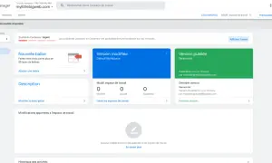 Interface de Tag Manager affichant l'espace de travail actuel, les versions modifiées et publiées, ainsi que les options pour gérer les balises et la description.