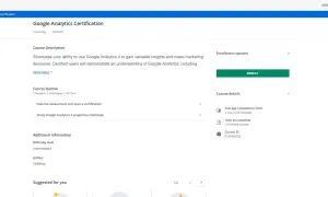 Page de cours pour obtenir une **certification digital** Google Analytics. Apprenez à utiliser Google Analytics 4 pour des analyses marketing.