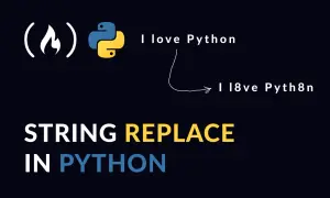 STRING REPLACE IN PYTHON" illustre comment remplacer des caractères. Le logo Python est présent.