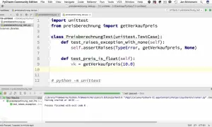 Exemple de test unitaire en Python dans PyCharm. Le code vérifie le bon fonctionnement de la fonction `getVerkaufpreis`.
