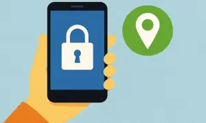 Main tenant de son smartphone, une main jaune tient l'appareil affichant un cadenas blanc sur fond bleu. À droite, un marqueur de localisation vert symbolise la protection des données.