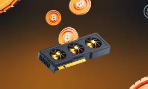 Carte graphique avec ventilateurs dorés, entourée de pièces de Bitcoin. La puissance en C pour le minage de cryptomonnaies.