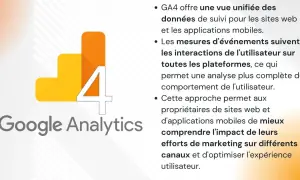 Logo Google Analytics 4 et texte expliquant la formation Google Analytics pour une meilleure analyse du comportement utilisateur.