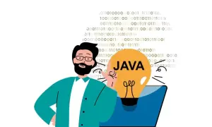 Un développeur avec une ampoule "JAVA" sur un écran d'ordinateur, entouré de code binaire.