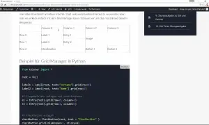 Exemple de **grid python** avec Tkinter : un tableau montre des labels, entrées et boutons. Le code Python illustre leur placement.
