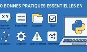 Icônes illustrant les bonnes pratiques de développement en Python, comme nommer clairement, documenter, organiser, tester, utiliser Git, simplifier, gérer les erreurs et automatiser. Le logo Python apparaît sur un ordinateur portable.
