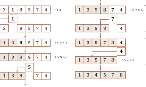 Illustration du tri par insertion en Python : étapes montrant comment les éléments sont insérés dans une liste triée.