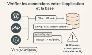 Diagramme montrant comment vérifier la connexion DB en utf8mb4 avec PHP. Il illustre l'utilisation de `$mysqli->set_charset("utf8mb4")` et la configuration dans `wp-config.php`.