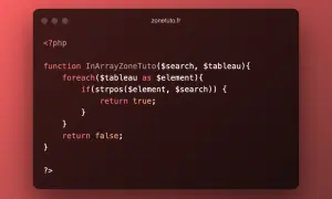 Code PHP pour vérifier si une chaîne est présente dans un tableau. La fonction InArrayZoneTuto utilise strpos.