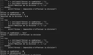 Exemple de code Python pour gérer les erreurs de division. Le programme tente de diviser deux nombres, mais échoue si l'entrée n'est pas un nombre ou si le dénominateur est zéro.