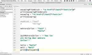 Code Python montrant la **concatenation** de chaînes de caractères pour afficher "HalloWelt".