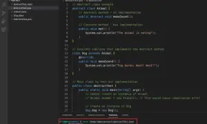 Code Java montrant une classe abstraite Animal et une classe concrète Dog qui extends Animal. Le terminal affiche la compilation et l'exécution.