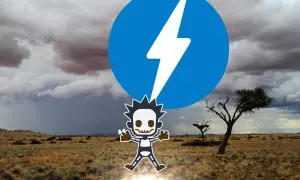 Un personnage squelettique sous un éclair bleu, symbole de jQuery, dans un paysage désertique orageux.