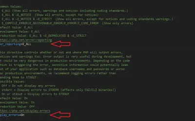 Configuration PHP pour afficher tous les rapports d'erreurs. `error_reporting=E_ALL` est utile en développement.