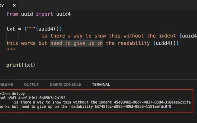 Code Python affichant un UUID généré. Le commentaire python plusieurs lignes explore l'indentation et la lisibilité.