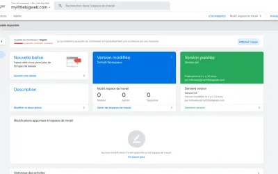 Interface de Tag Manager affichant l'espace de travail actuel, les versions modifiées et publiées, ainsi que les options pour gérer les balises et la description.