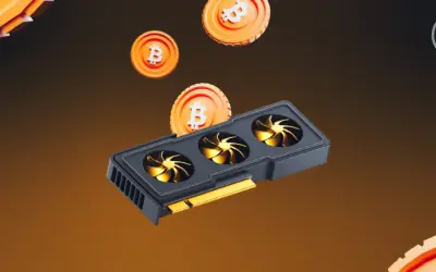Carte graphique avec ventilateurs dorés, entourée de pièces de Bitcoin. La puissance en C pour le minage de cryptomonnaies.