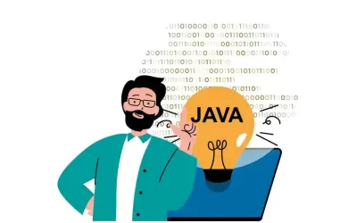 Un développeur avec une ampoule "JAVA" sur un écran d'ordinateur, entouré de code binaire.