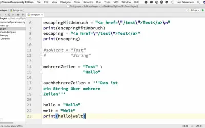 Code Python montrant la **concatenation** de chaînes de caractères pour afficher "HalloWelt".