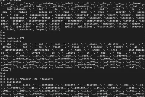 Code Python affichant les méthodes disponibles pour les chaînes de caractères, les nombres et les listes. Le mot-clé "split" est visible dans les méthodes de chaînes.