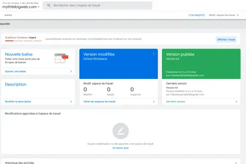 Interface de Tag Manager affichant l'espace de travail actuel, les versions modifiées et publiées, ainsi que les options pour gérer les balises et la description.