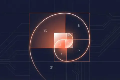 Spirale de Fibonacci illustrant la suite logique, comme une fonction fibonacci python. Les nombres 1, 1, 2, 3, 5, 8, 13, 21 sont représentés.