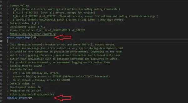 Configuration PHP pour afficher tous les rapports d'erreurs. `error_reporting=E_ALL` est utile en développement.