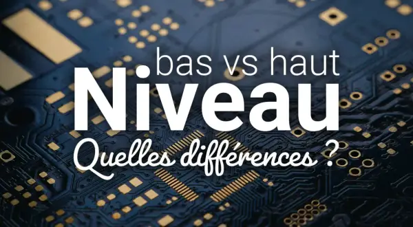 Carte mère avec texte : "Niveau bas vs haut. Quelles différences ?" Exploration du low level programming.