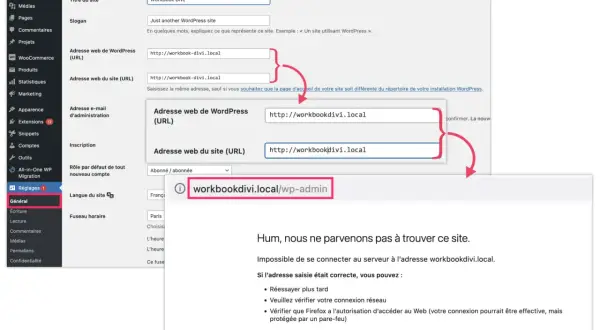 Configuration des adresses URL dans WordPress. Le site "workbookdivi.local" n'est pas accessible.