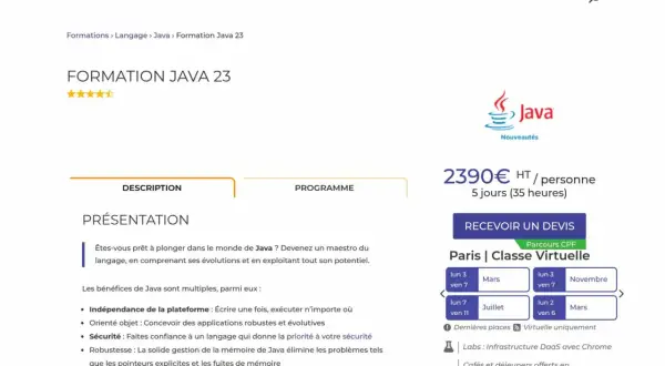 Formation Java 23 : plongez dans le monde du langage Java, maîtrisez ses évolutions et son potentiel.